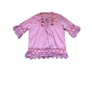 Embroidered Top Lightweight Crochet Lace Peasant Boho Hippie Women's Medium